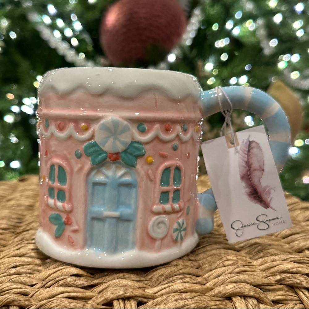 Jessica Simpson pink gingerbread house mug pinkmas Christmas